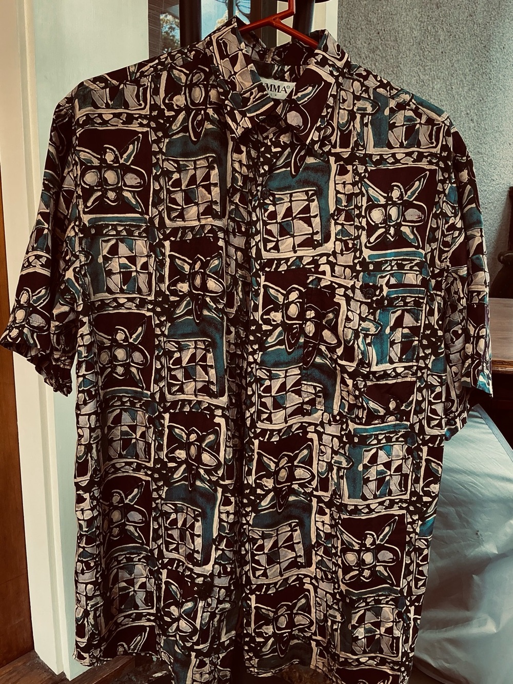 Men's Summa Short-sleeved silk brown and teal shirt S